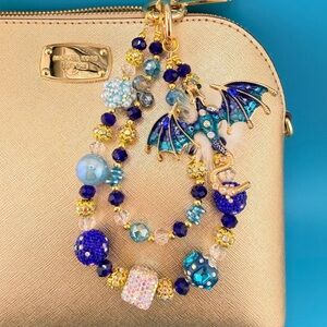 🐉 Luxury Bag/Phone Chain Charm GREEN or BLUE Flying Dragon & Crystal Beads, Gold